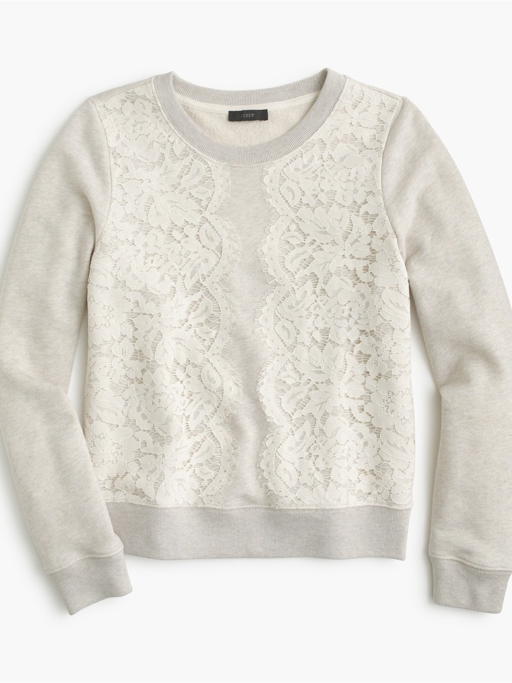 J. Crew Light Grey & Cream Lace-Front Crewneck Sweatshirt